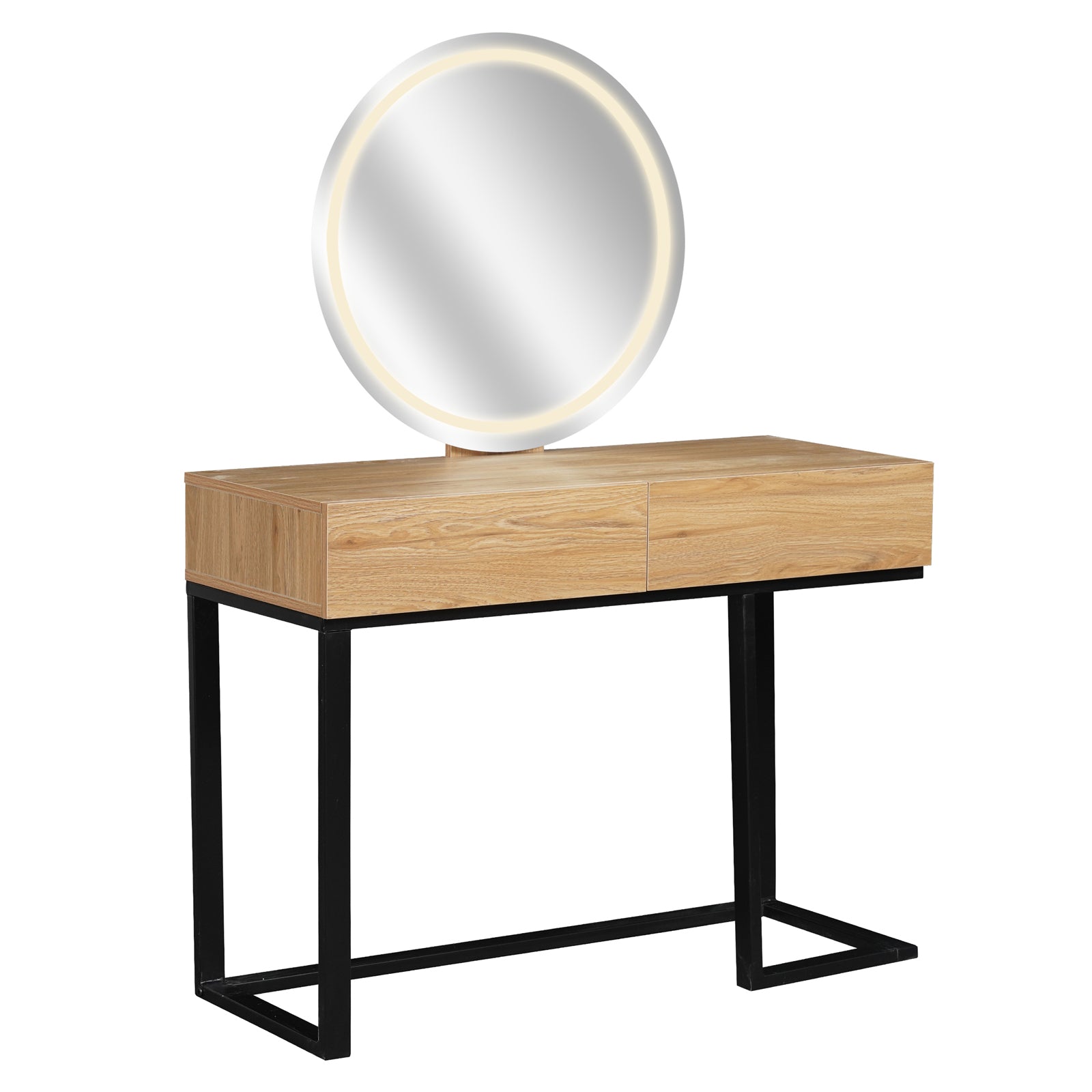 Ophira Dressing Table with Touch Screen Mirror Light – Oak features a light-wood tabletop with two drawers, a black metal frame with geometric legs, and a large round LED-lit mirror.