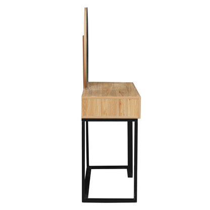 Side-profile of the Ophira Dressing Table with Touch Screen Mirror in Light Oak, featuring a sleek oak box with a black metal frame and matching vertical oak panel, highlighting modern elegance and functionality.