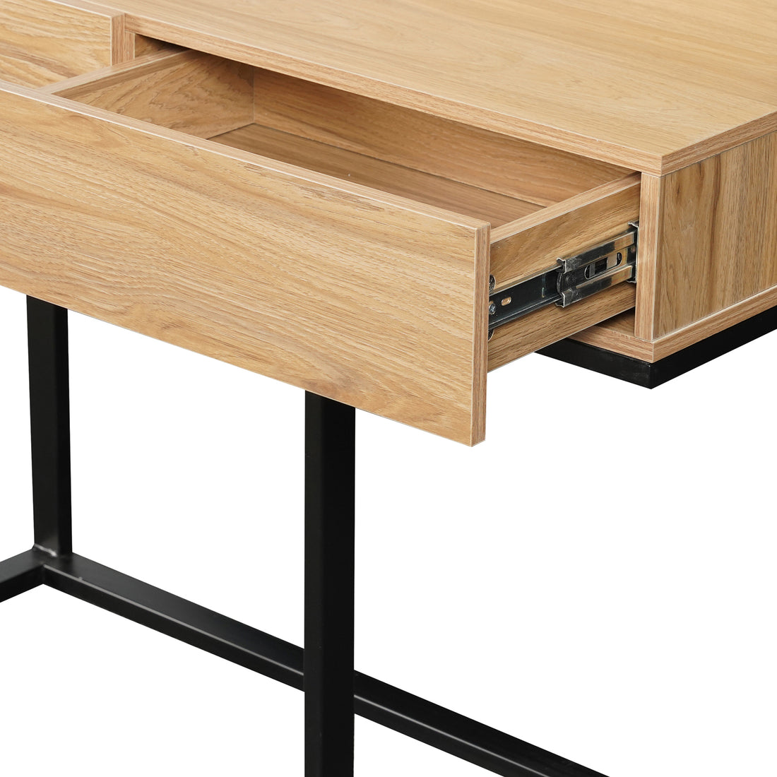 Ophira Dressing Table with Touch Screen Mirror in Light Oak, featuring a sleek design with a single drawer, unadorned wood grain, and slender black metal legs, showcasing modern elegance and functionality.