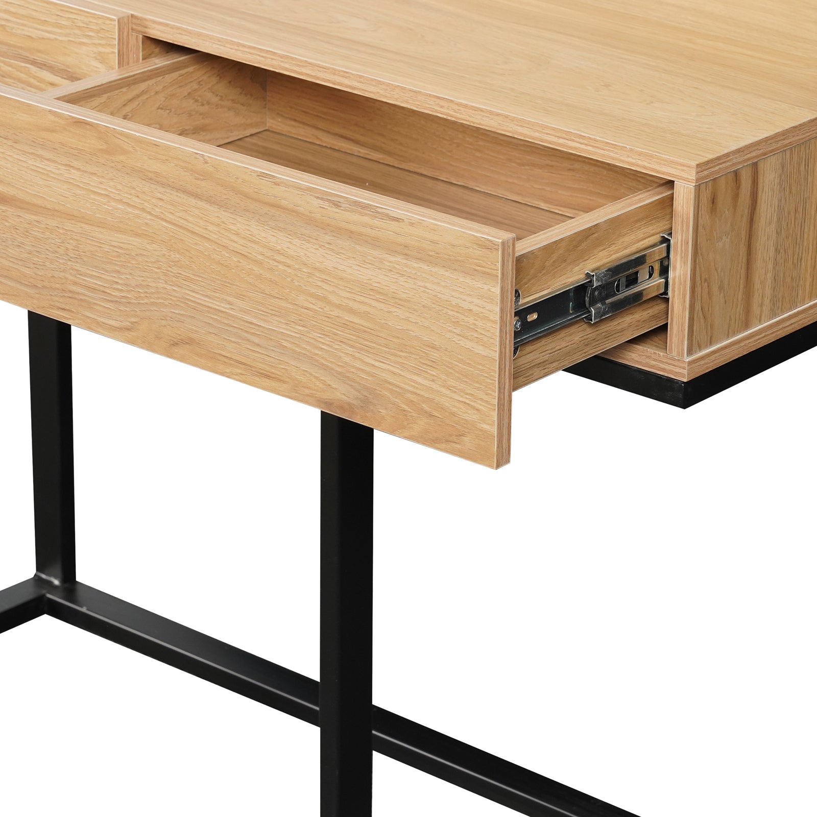 Ophira Dressing Table with Touch Screen Mirror in Light Oak, featuring a sleek design with a single drawer, unadorned wood grain, and slender black metal legs, showcasing modern elegance and functionality.