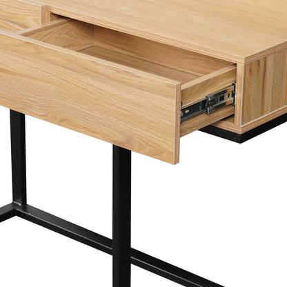 Ophira Dressing Table with Touch Screen Mirror in Light Oak, featuring a sleek design with a single drawer, unadorned wood grain, and slender black metal legs, showcasing modern elegance and functionality.