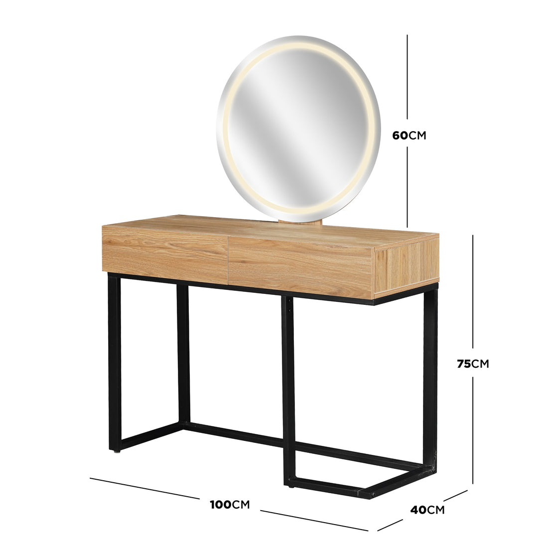Ophira Dressing Table with Touch Screen Mirror in Light Oak, featuring a round LED-lit mirror, two spacious drawers, and a sleek black metal frame, perfect for stylish, functional beauty routines.
