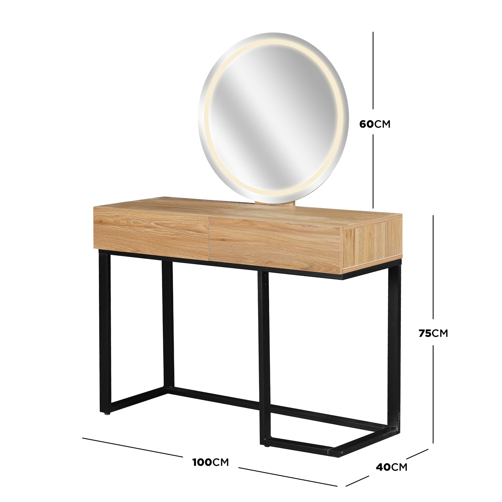 Ophira Dressing Table with Touch Screen Mirror in Light Oak, featuring a round LED-lit mirror, two spacious drawers, and a sleek black metal frame, perfect for stylish, functional beauty routines.