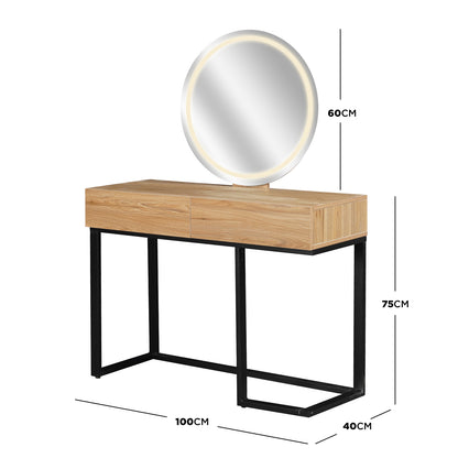 Ophira Dressing Table with Touch Screen Mirror in Light Oak, featuring a round LED-lit mirror, two spacious drawers, and a sleek black metal frame, perfect for stylish, functional beauty routines.