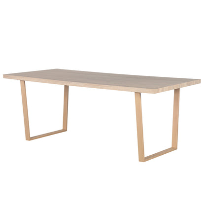 Oregon Table with 8 Florida Corduroy Chairs Dining Set Beige, featuring a close-up of the wooden tabletop, a sturdy wooden post, and a rectangular element, emphasizing its sleek, modern design.