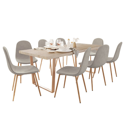 Oregon & Florida 8 Seater Dining Table & Chair Set in Grey features a light-wood table with dove-gray upholstered chairs, set with white dinnerware and glassware, embodying a Scandinavian-inspired design.
