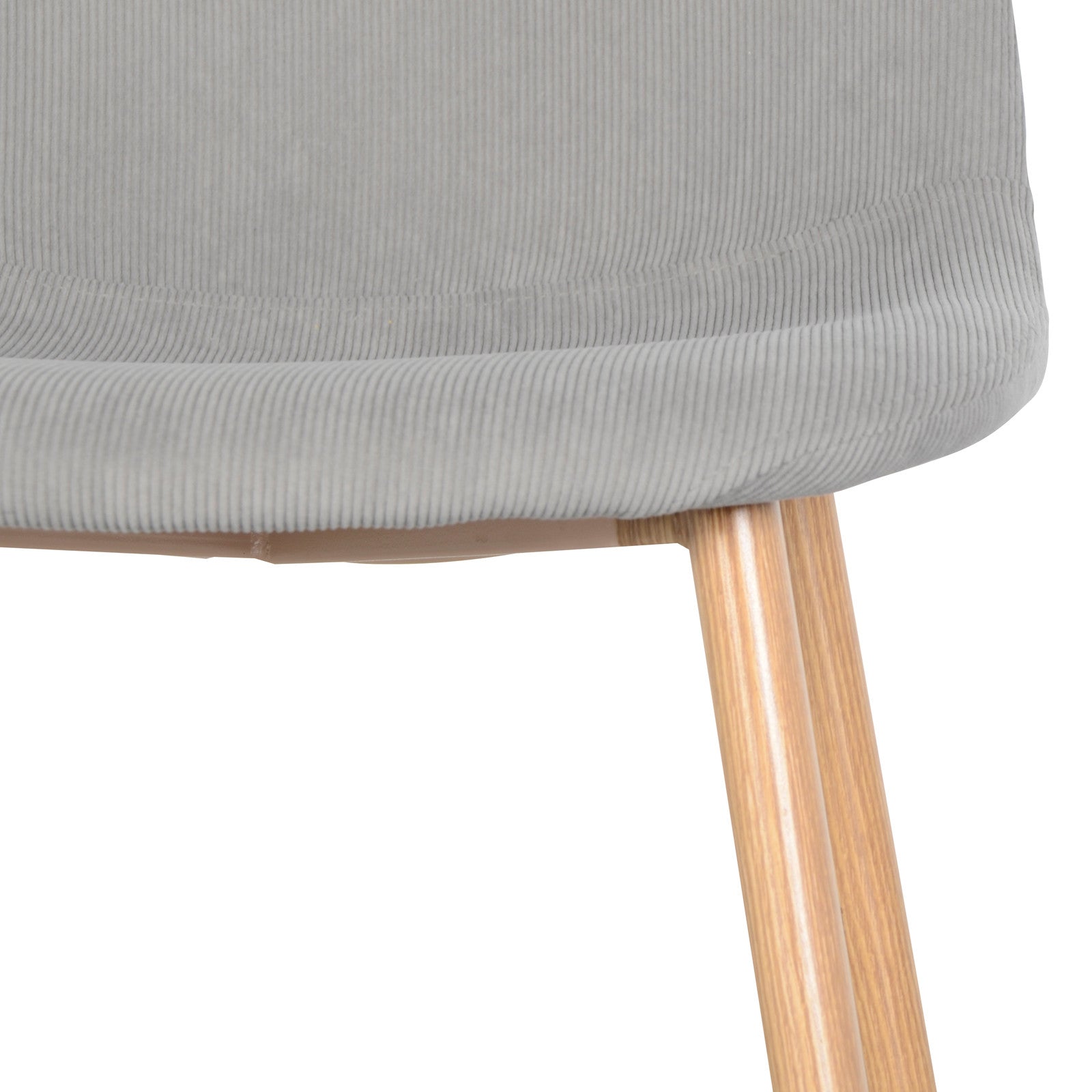 Close-up of a Florida Corduroy Chair from the Oregon & Florida 8 Seater Dining Table & Chair Set in Grey, showcasing the light gray corduroy seat and tapered light-wood leg.