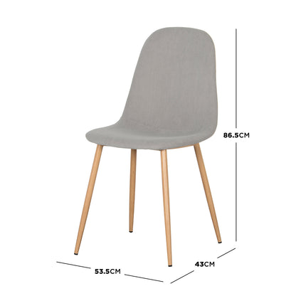 Oregon & Florida 8 Seater Dining Table & Chair Set in Grey features a light grey upholstered chair with a curved seat, wood-tone legs, and black foot caps, emphasizing modern design and comfort.