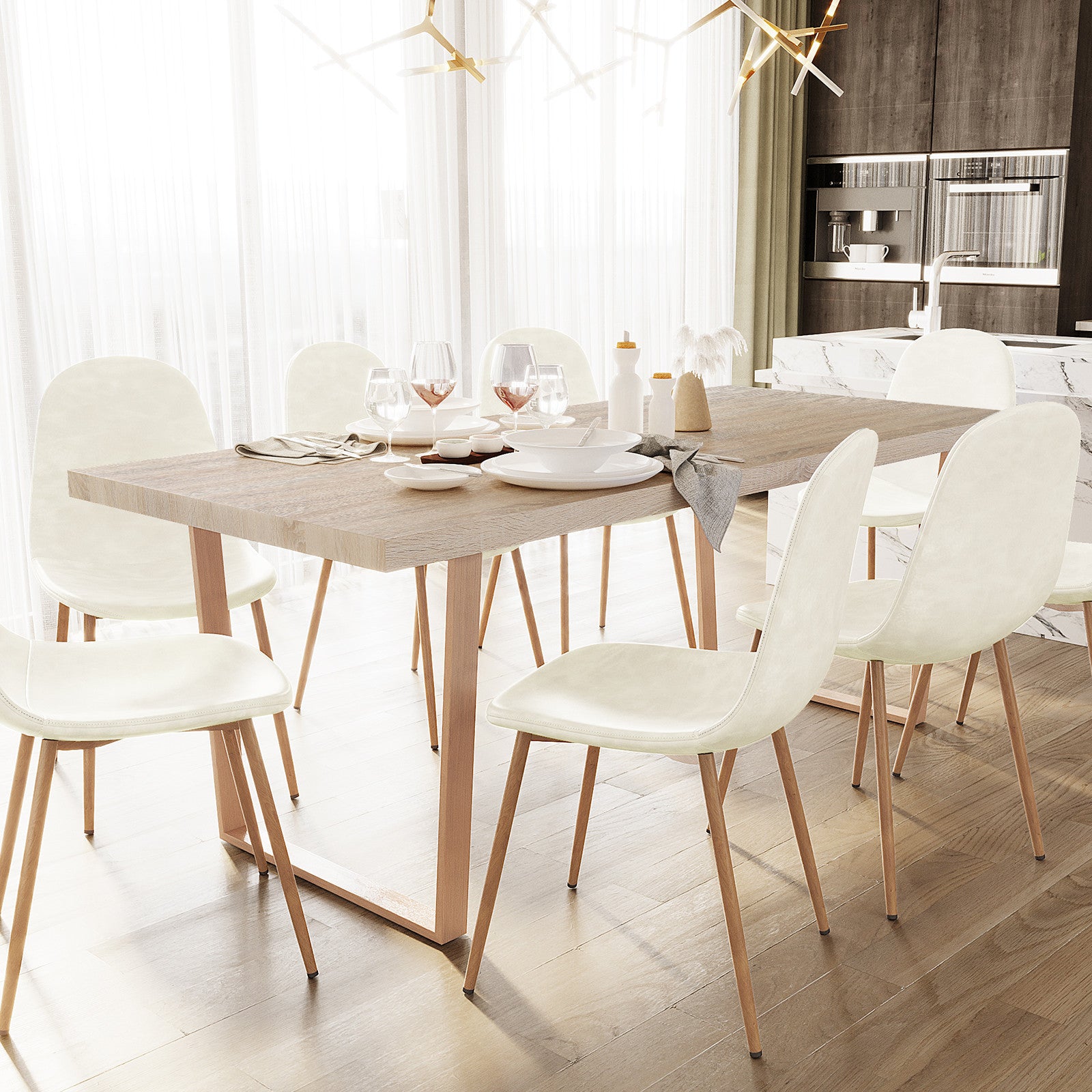 Oregon 200cm Industrial Dining Table - Natural, featuring a light-wood rectangular surface with slender metal-framed legs, set with minimalist accessories and place settings, blending seamlessly into an airy, Scandinavian-inspired dining space.