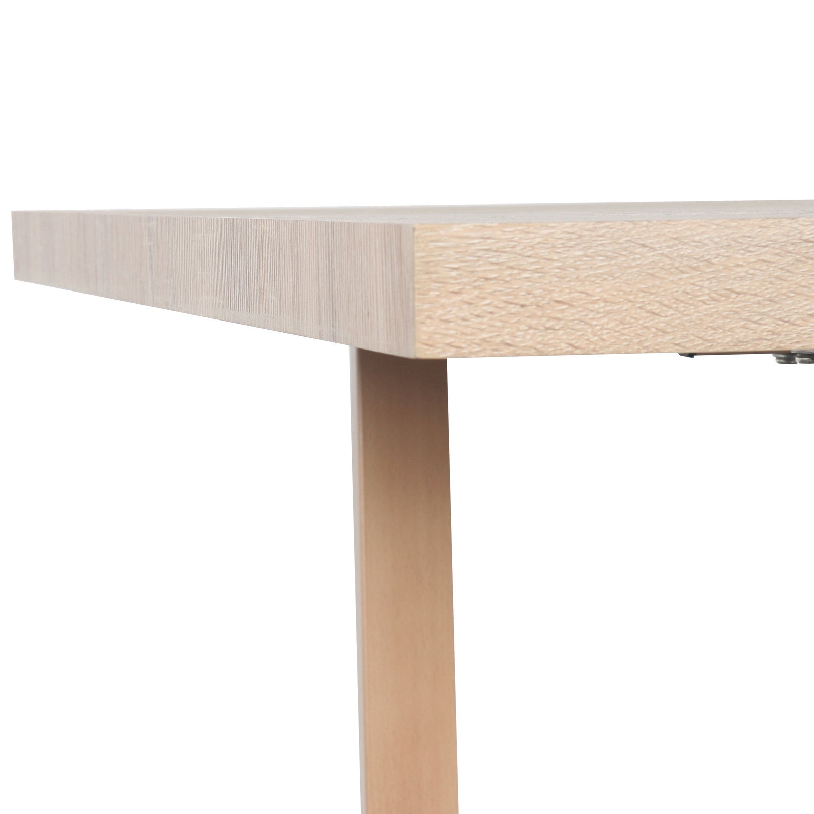 Close-up of the Oregon 200cm Industrial Dining Table - Natural, highlighting its light wood top and square leg, showcasing its simple, flat-edged design and sturdy construction.