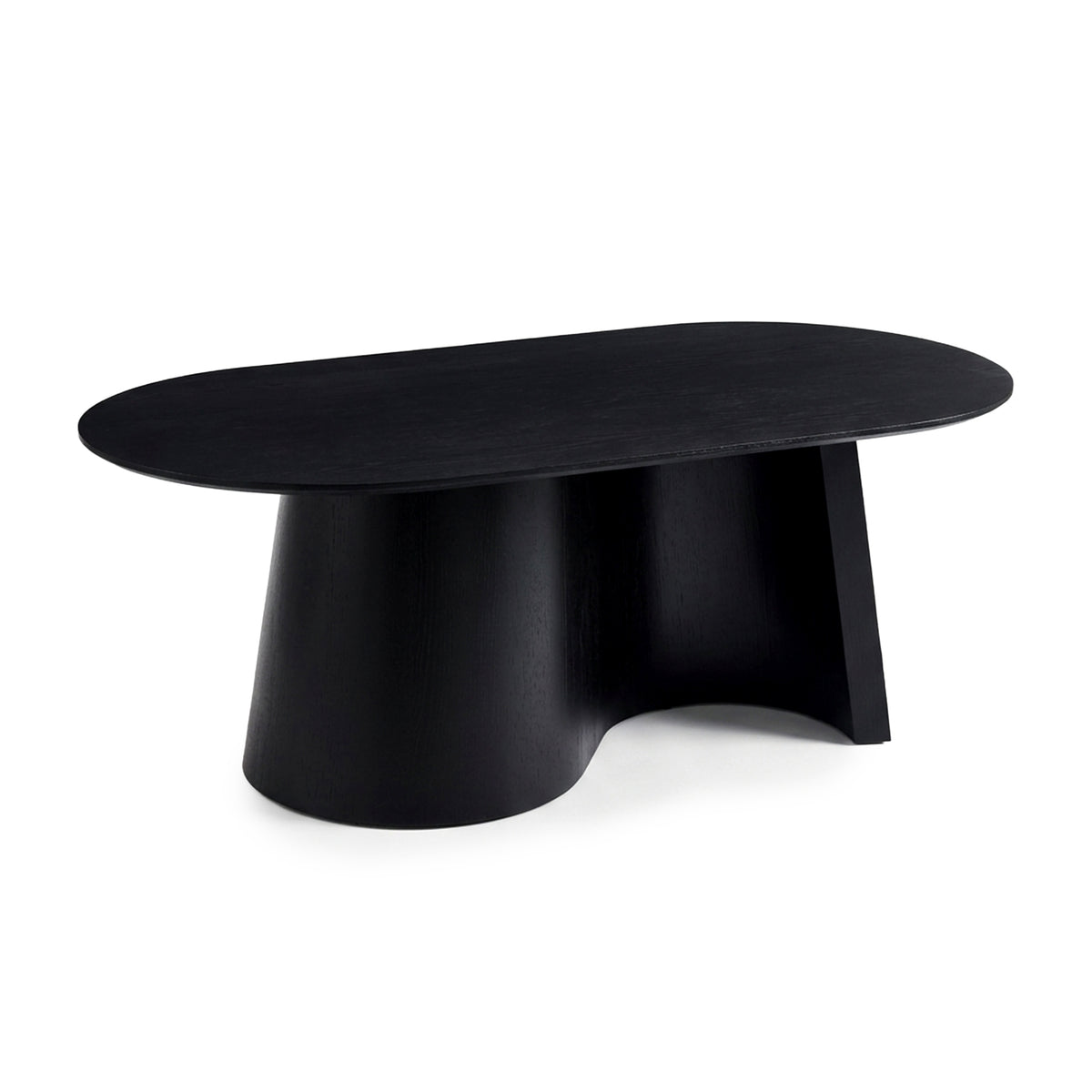Full view of a modern black sculptural table on a white background