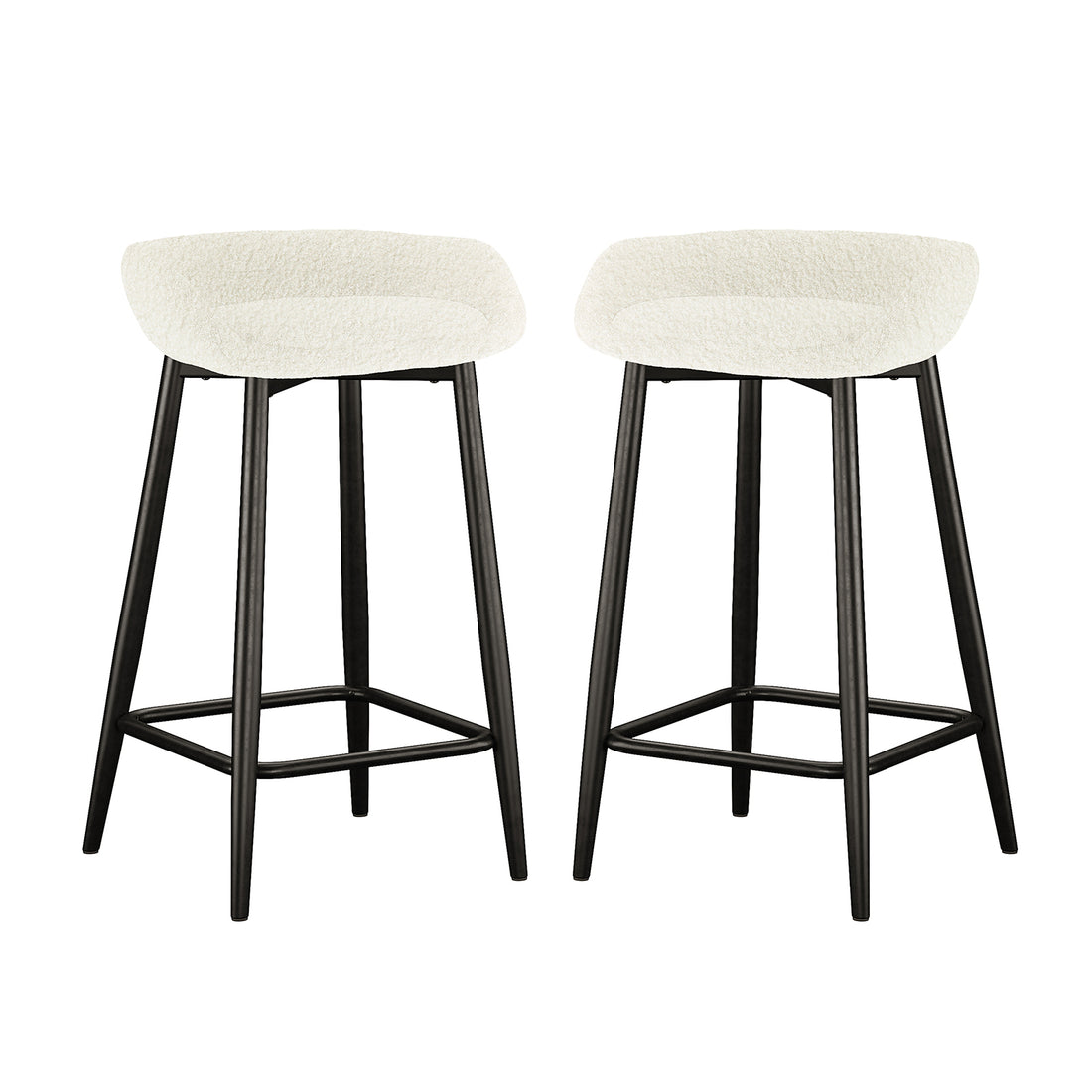 Peyton Bouclé Bar Stool Set of 2 - Cream features modern design with white bouclé seats and black metal legs, offering high back support and a footrest for comfort and style.