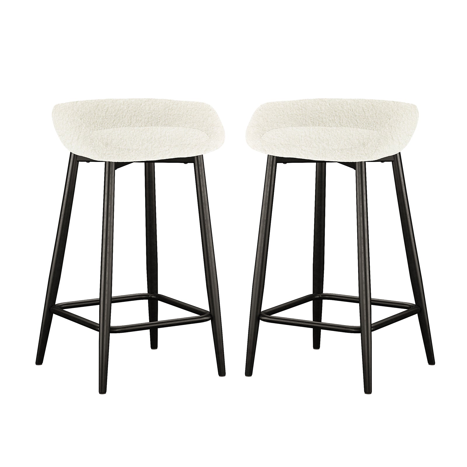 Peyton Bouclé Bar Stool Set of 2 - Cream features modern design with white bouclé seats and black metal legs, offering high back support and a footrest for comfort and style.