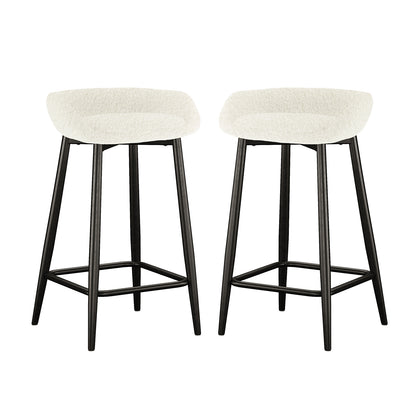 Peyton Bouclé Bar Stool Set of 2 - Cream features modern design with white bouclé seats and black metal legs, offering high back support and a footrest for comfort and style.