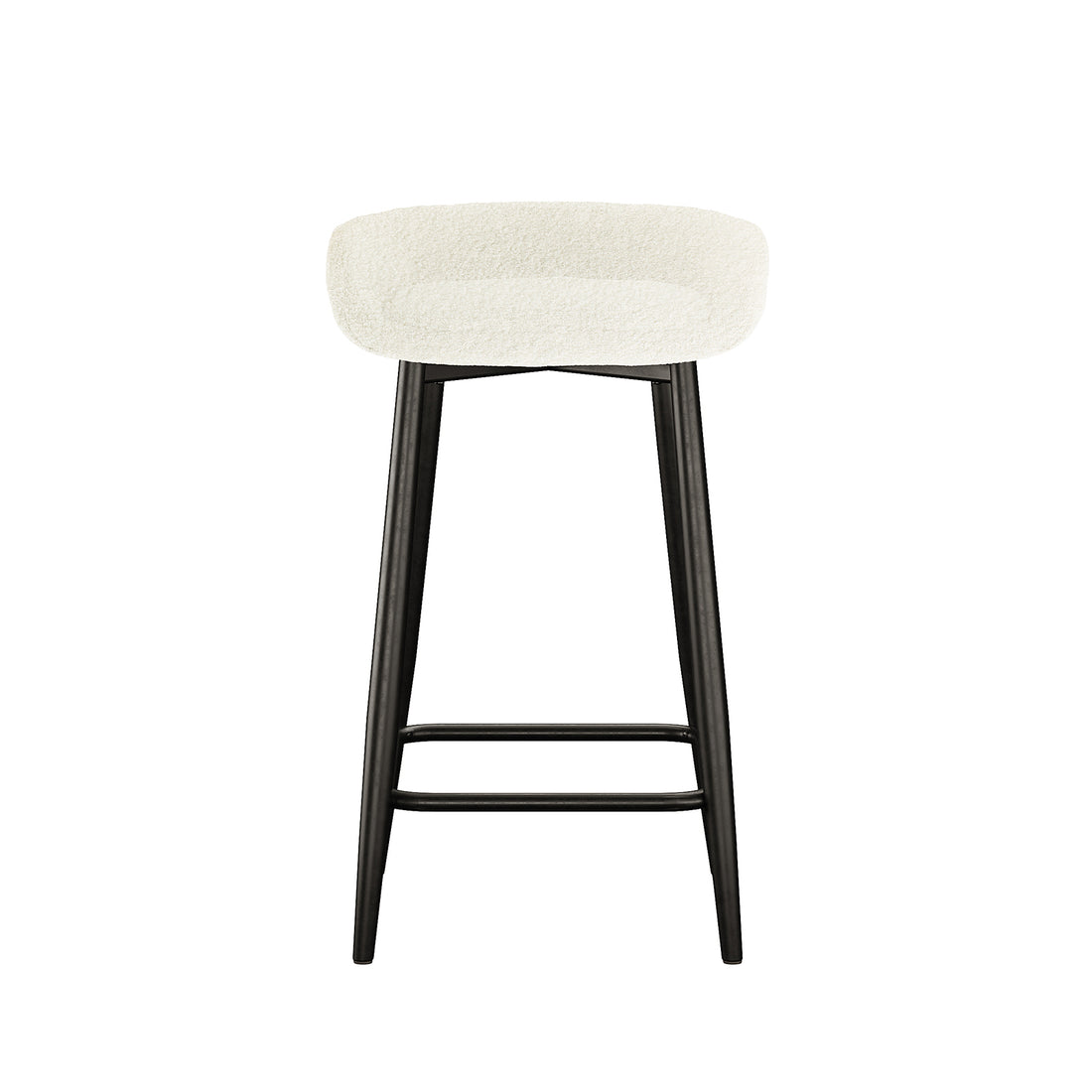 Peyton Bouclé Bar Stool Set of 2 - Cream, featuring white cushioned seats with modern black legs, designed for comfort and style, perfect for enhancing contemporary interior aesthetics.
