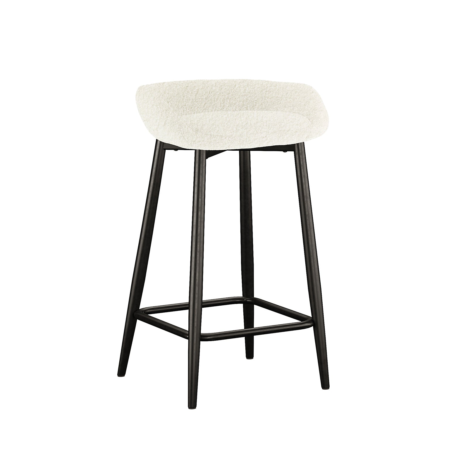Peyton Bouclé Bar Stool Set of 2 - Cream features white bouclé-upholstered seats with high back support, complemented by black metal legs and a footrest, offering modern style and comfort.