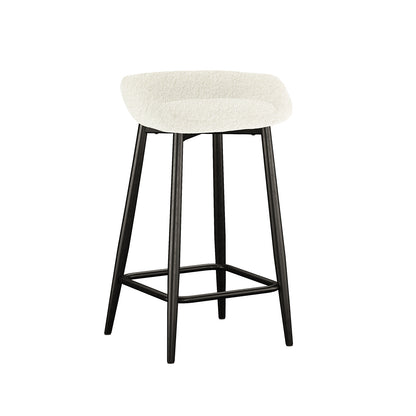 Peyton Bouclé Bar Stool Set of 2 - Cream features white bouclé-upholstered seats with high back support, complemented by black metal legs and a footrest, offering modern style and comfort.