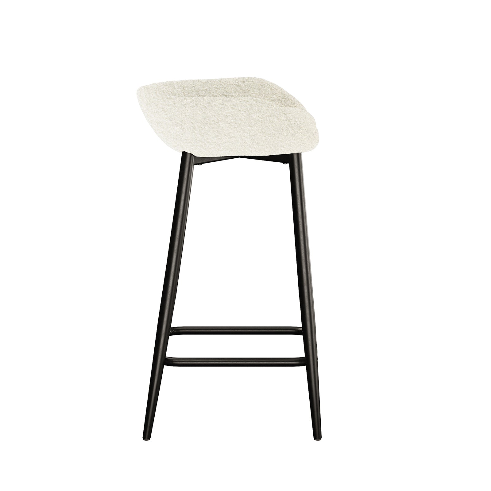 Peyton Bouclé Bar Stool Set of 2 - Cream features modern design with white seats, black legs, and high back support, showcasing soft bouclé upholstery for comfort and style.
