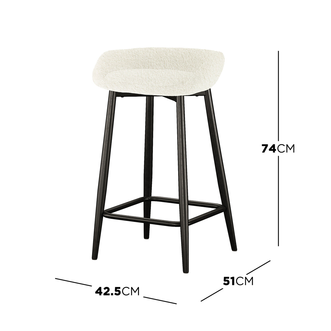 Peyton Bouclé Bar Stool Set of 2 - Cream features a white stool with black legs, showcasing a modern design with soft bouclé upholstery and sturdy metal legs, ideal for stylish interiors.