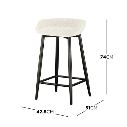 Peyton Bouclé Bar Stool Set of 2 - Cream features a white stool with black legs, showcasing a modern design with soft bouclé upholstery and sturdy metal legs, ideal for stylish interiors.
