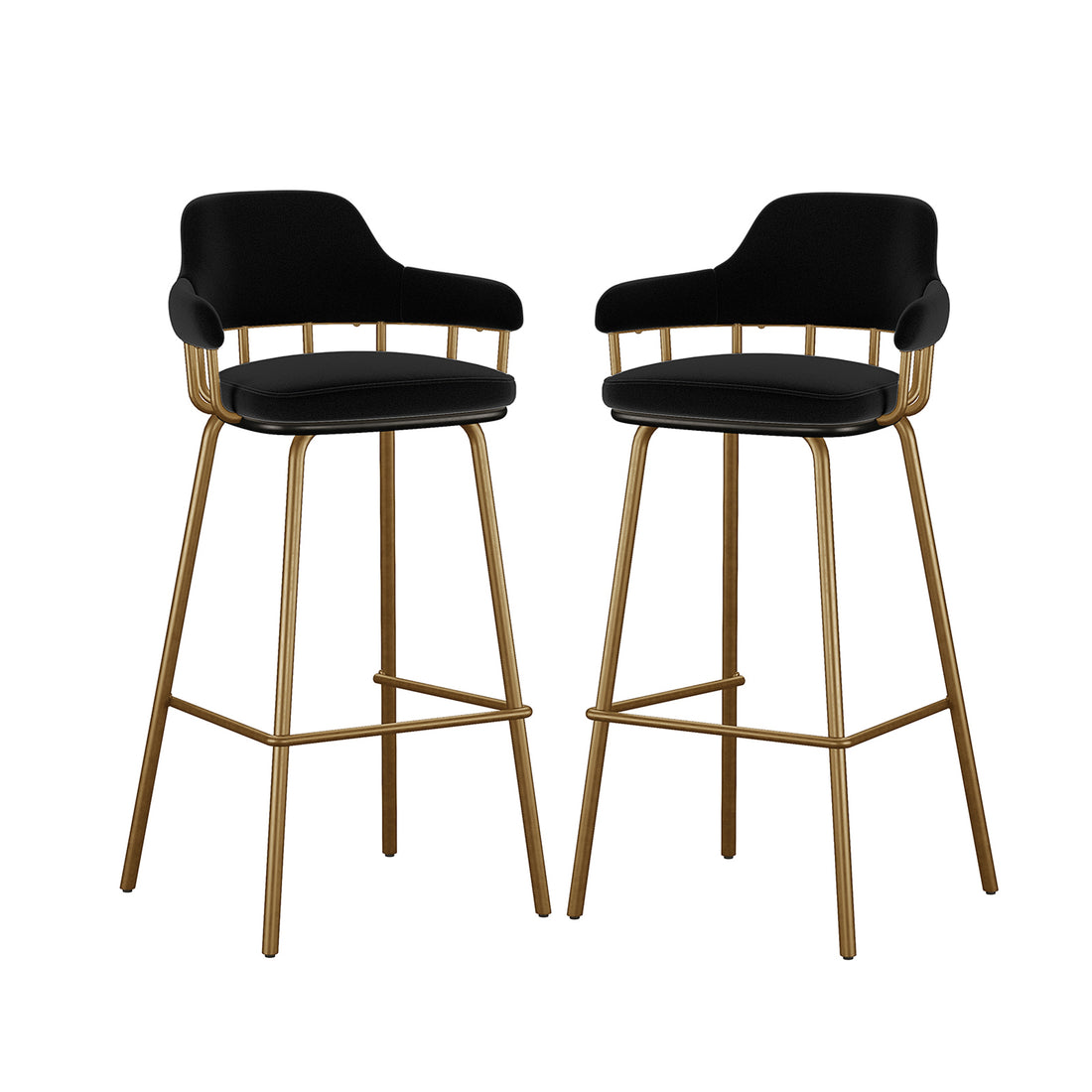 Piper Velvet Fabric Bar Stool Set of 2 in Black features modern bar-height stools with black upholstered seats, low backrests, and slim gold metal legs with a square footrest, perfect for contemporary interiors.