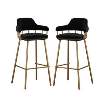 Piper Velvet Fabric Bar Stool Set of 2 in Black features modern bar-height stools with black upholstered seats, low backrests, and slim gold metal legs with a square footrest, perfect for contemporary interiors.
