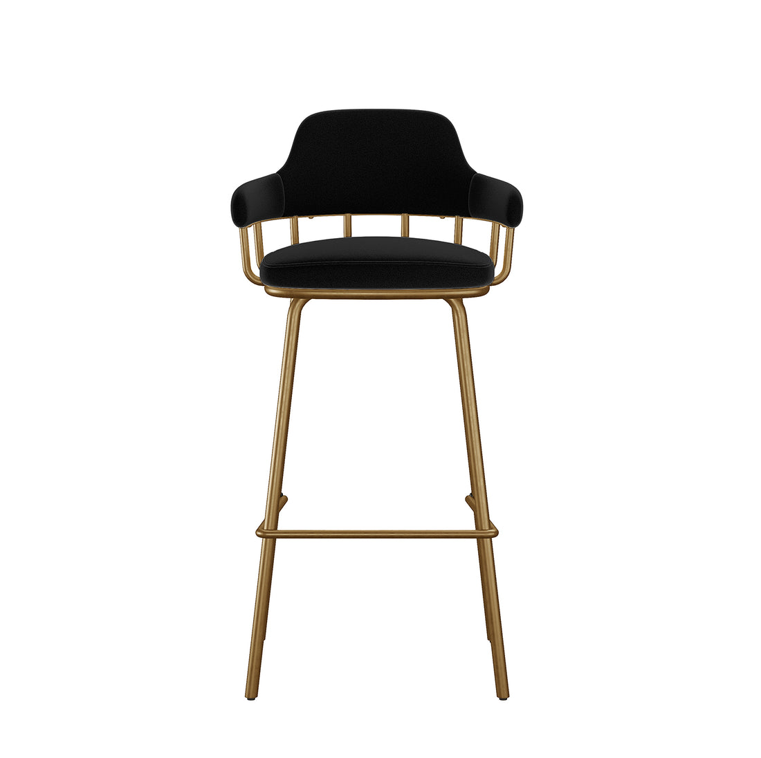 Piper Velvet Fabric Bar Stool Set of 2 in Black features a sleek black upholstered seat with low back and armrests, supported by slender gold metal legs and a footrest, offering modern elegance.