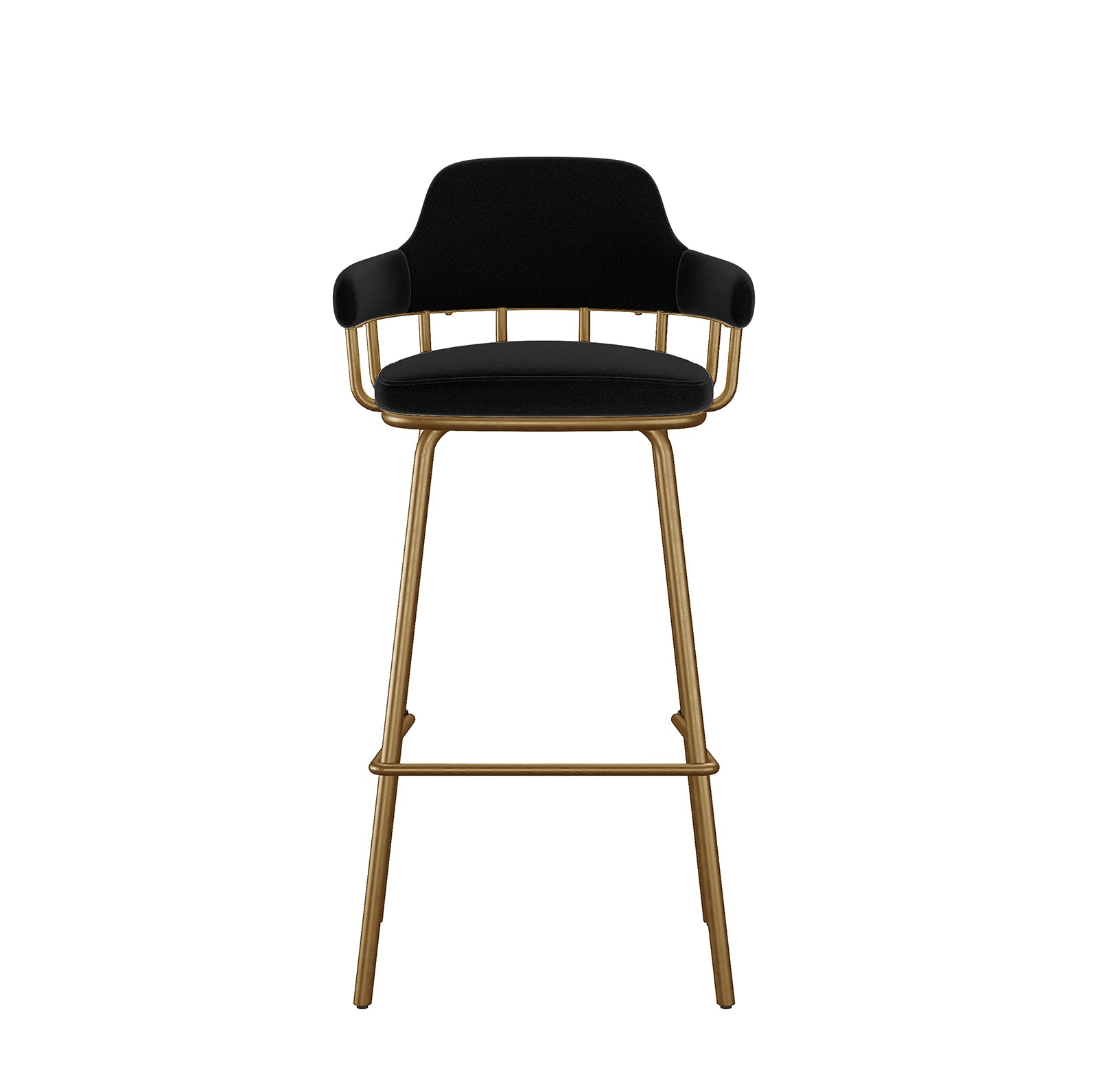 Piper Velvet Fabric Bar Stool Set of 2 in Black features a sleek black upholstered seat with low back and armrests, supported by slender gold metal legs and a footrest, offering modern elegance.
