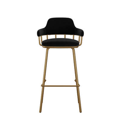 Piper Velvet Fabric Bar Stool Set of 2 in Black features a sleek black upholstered seat with low back and armrests, supported by slender gold metal legs and a footrest, offering modern elegance.