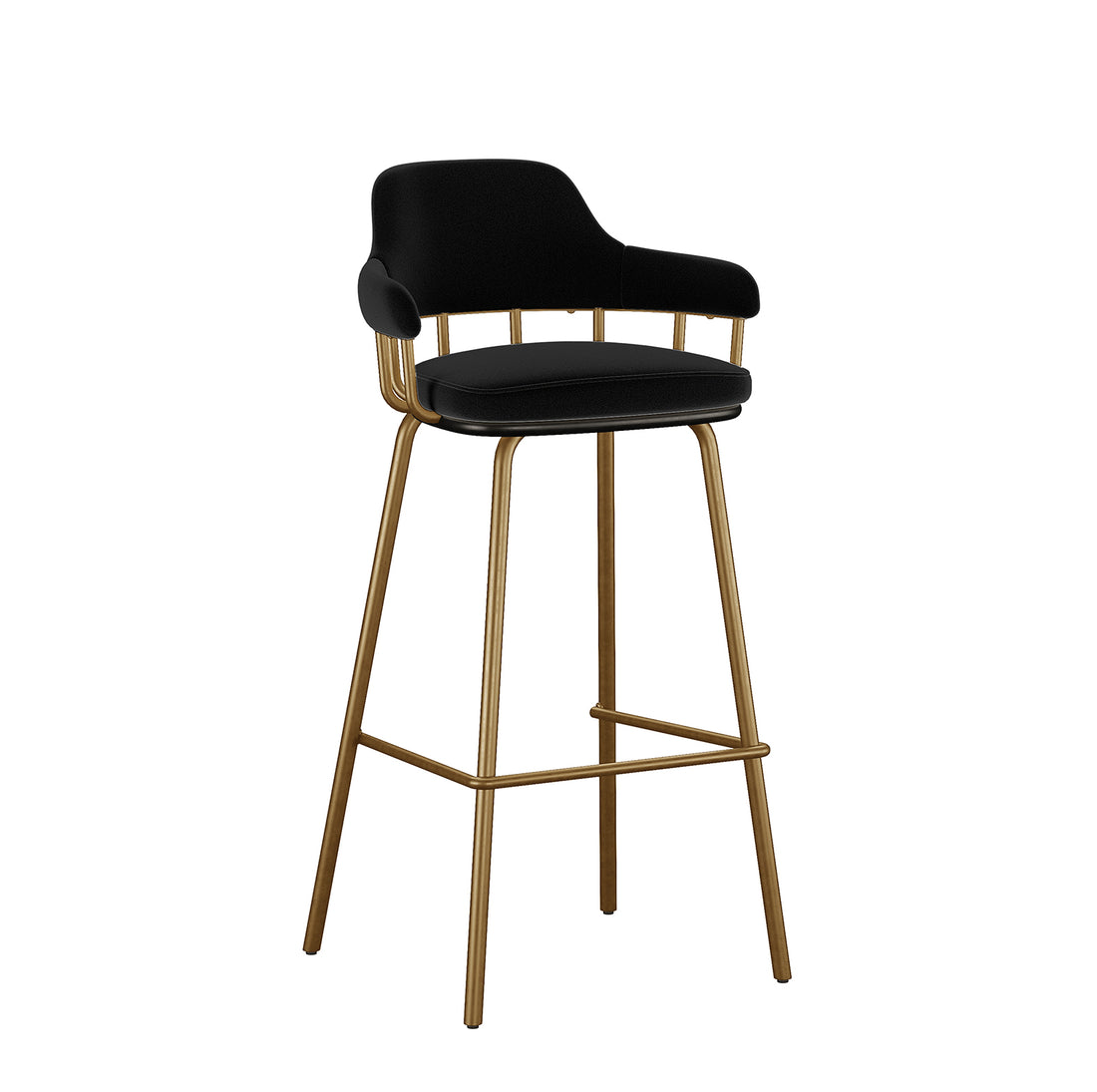Piper Velvet Fabric Bar Stool Set of 2 in Black features a black upholstered seat with a low backrest, supported by slender, warm brass-finished metal legs and a matching footrest.