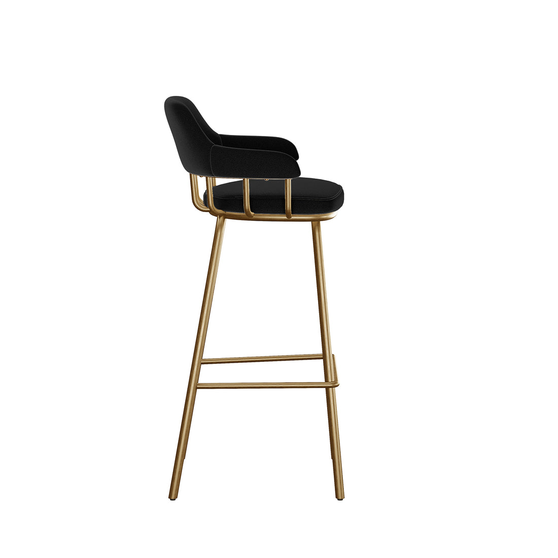 Piper Velvet Fabric Bar Stool Set of 2 in Black, featuring slim gold-tone metal frames, tapered legs, an integrated footrest, and sleek black upholstered seats with low backrests, ideal for contemporary interiors.