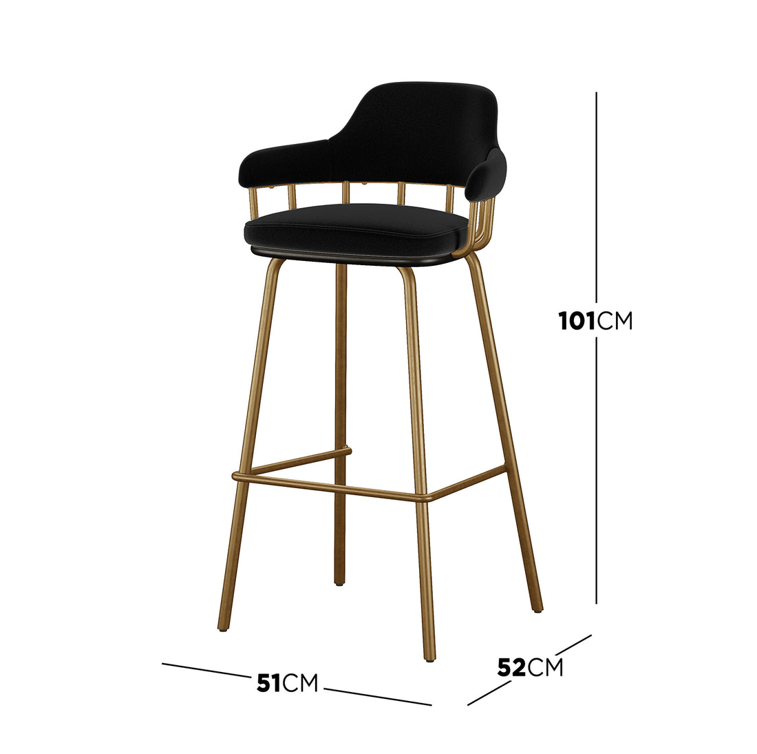 Piper Velvet Fabric Bar Stool Set of 2 in Black features a mid-century design with a low curved backrest, padded black upholstery, and warm brass metal legs with a built-in footrest.