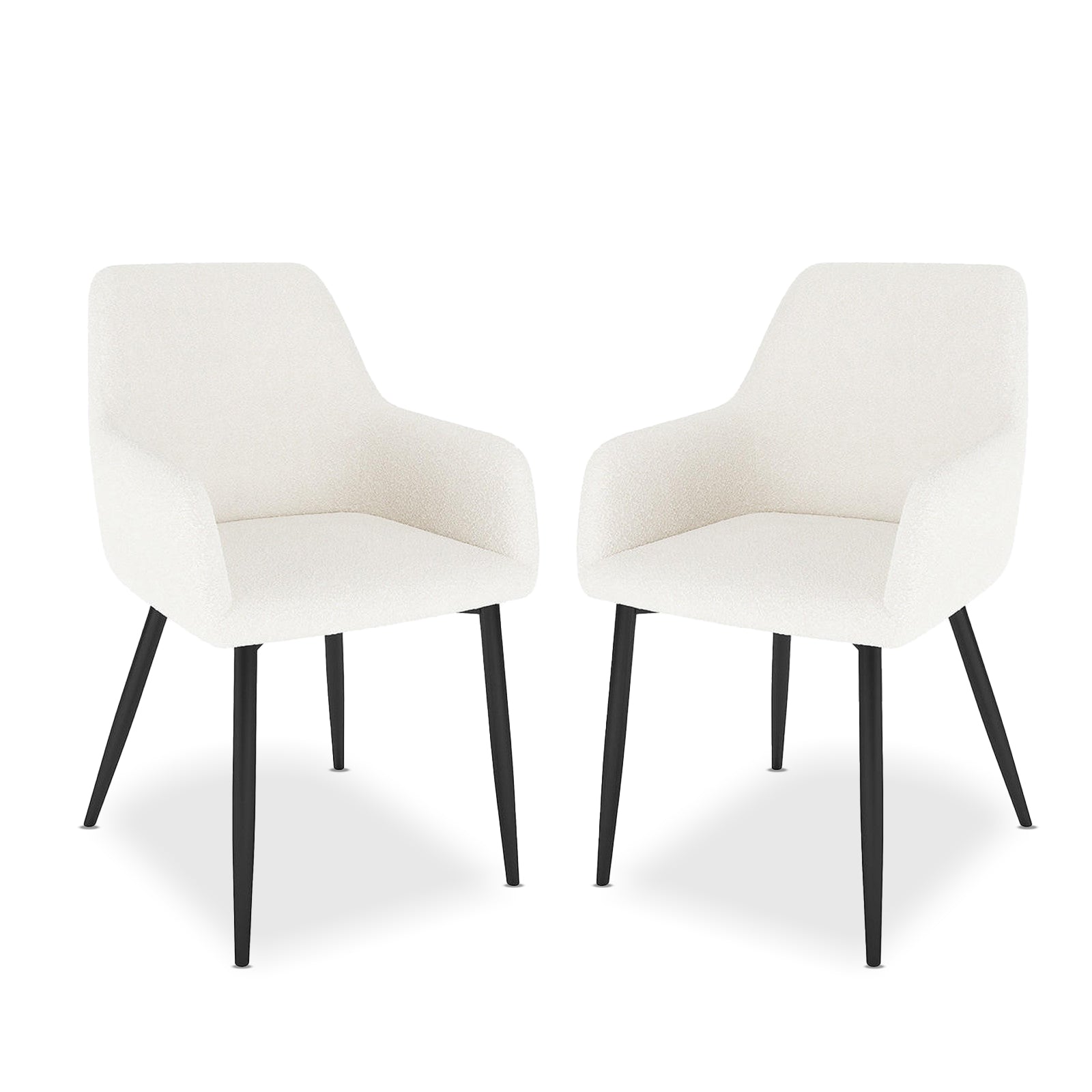 Raynie Boucle Dining Chair Set of 2 in Cream White, featuring curved bucket-style seats with textured fabric and black splayed metal legs, offering modern elegance and comfort for dining spaces.