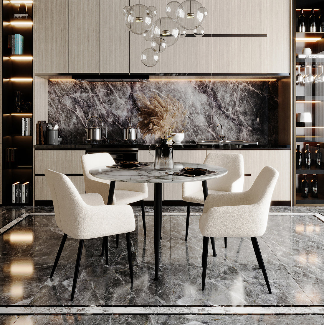 Raynie Boucle Dining Chair Set of 2 in Cream White is seen around a marble table in a modern kitchen, highlighting its sleek design with cream upholstery and slender black legs.
