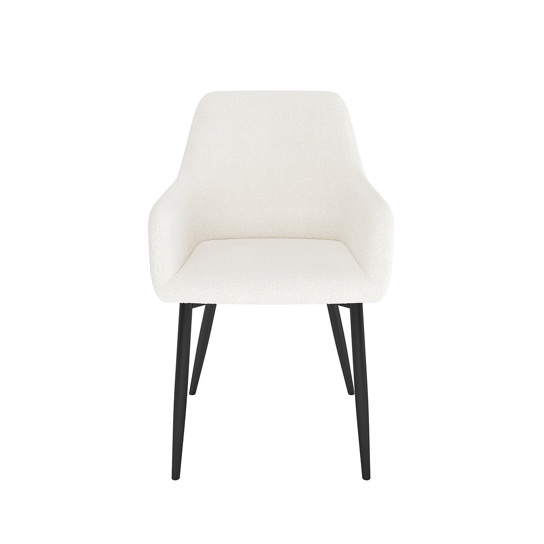 Raynie Boucle Dining Chair Set of 2 in Cream White features a modern design with a softly upholstered seat and backrest, supported by sleek black metal legs, perfect for contemporary dining spaces.