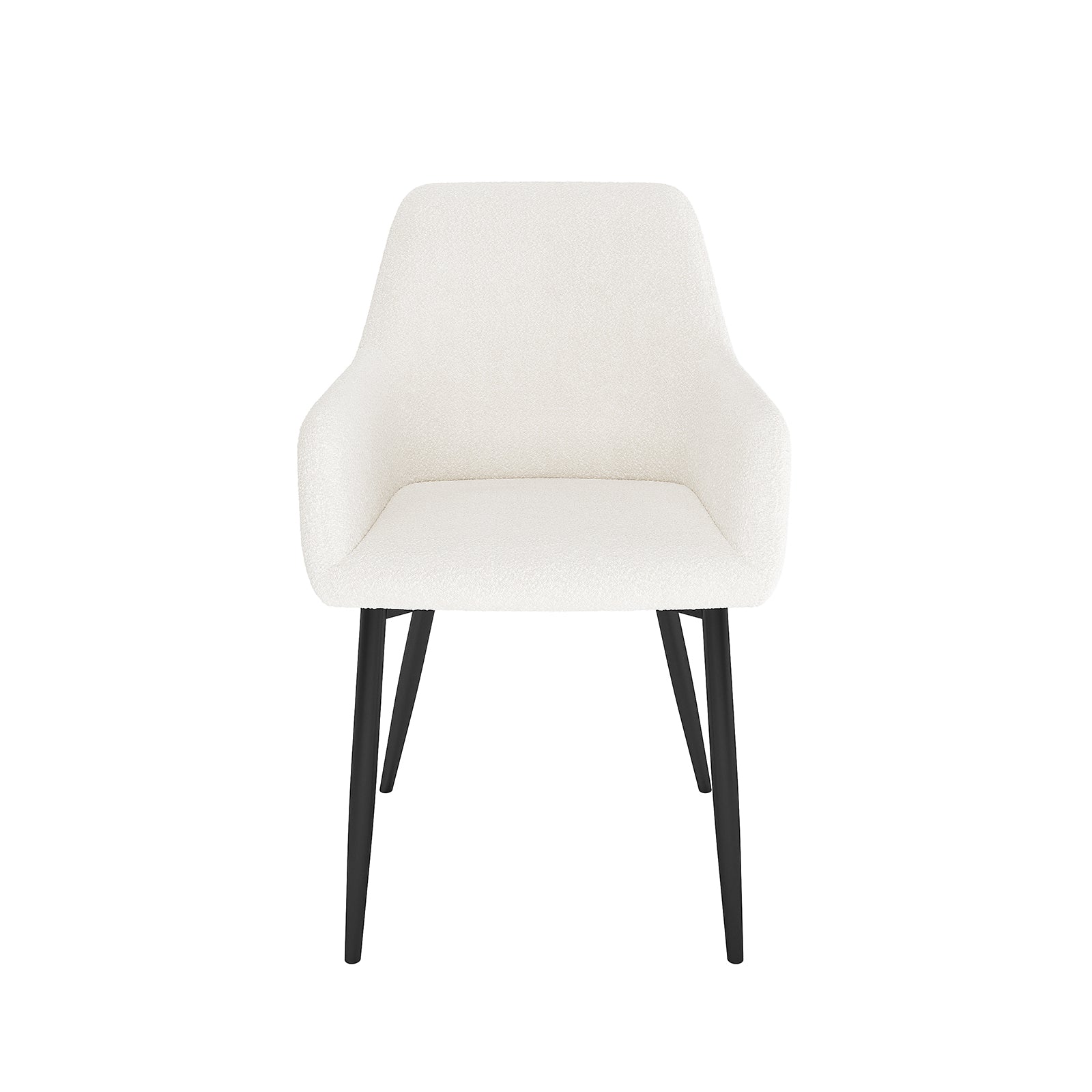 Raynie Boucle Dining Chair Set of 2 in Cream White features a modern design with a softly upholstered seat and backrest, supported by sleek black metal legs, perfect for contemporary dining spaces.