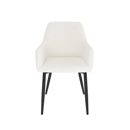 Raynie Boucle Dining Chair Set of 2 in Cream White features a modern design with a softly upholstered seat and backrest, supported by sleek black metal legs, perfect for contemporary dining spaces.