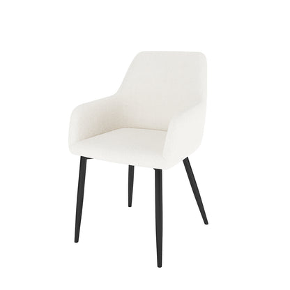 Raynie Boucle Dining Chair Set of 2 in Cream White, featuring a modern design with softly contoured seats and integrated armrests on slender black metal legs, ideal for stylish dining spaces.