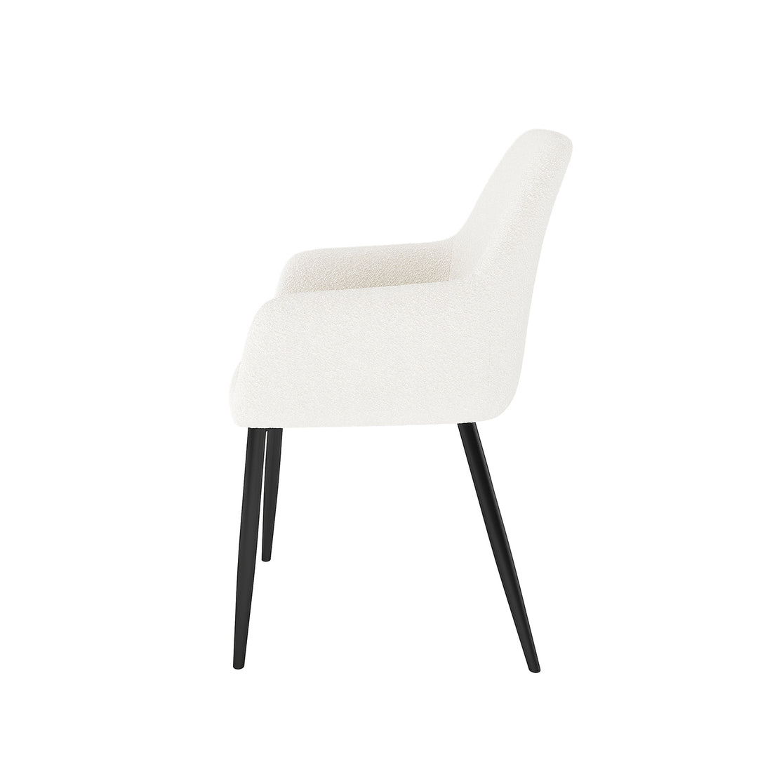 Raynie Boucle Dining Chair Set of 2 in Cream White features a modern, upholstered design with a curved seat and low armrests on slender black legs, enhancing any dining space.