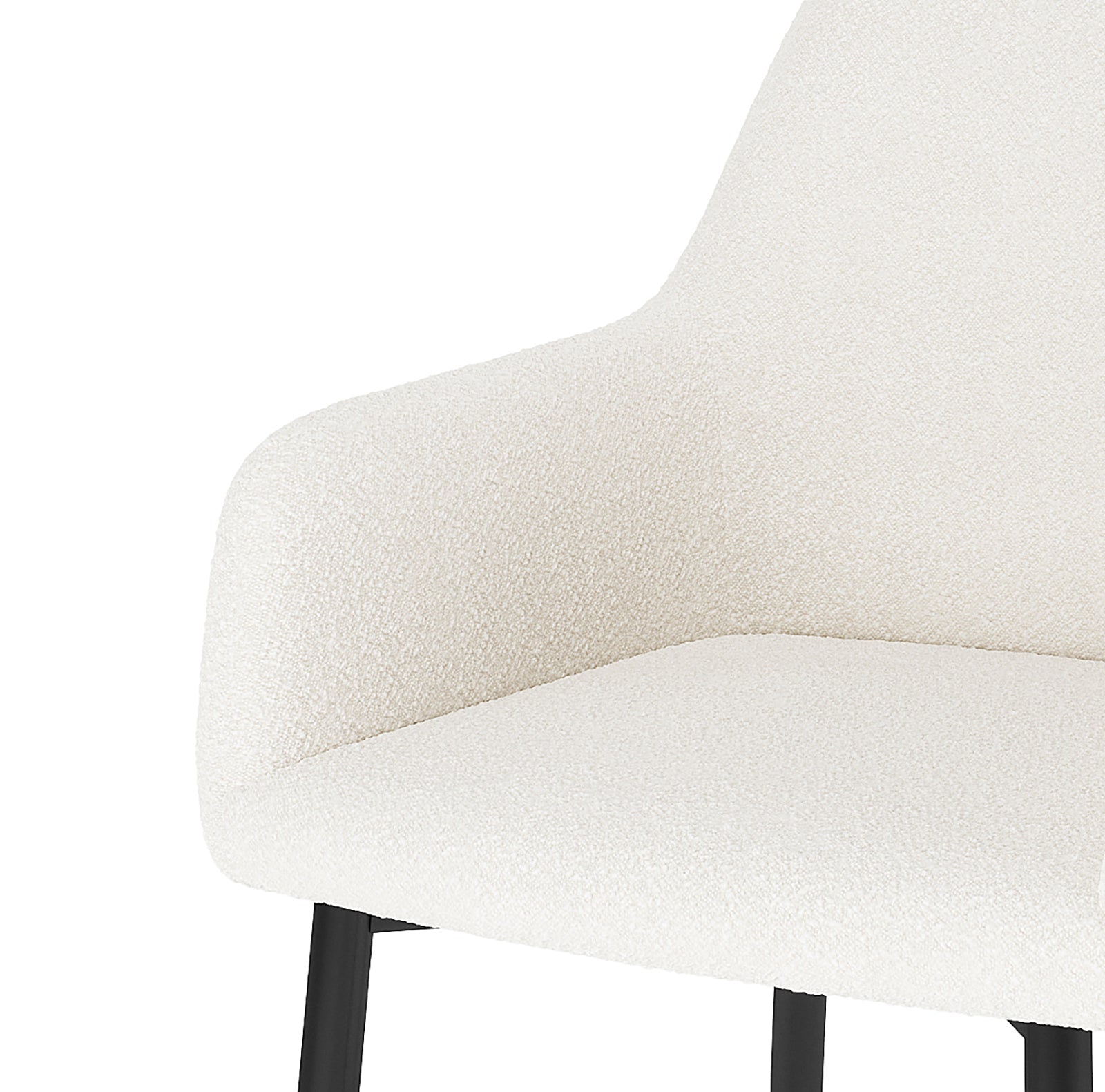 Raynie Boucle Dining Chair Set of 2 in Cream White, featuring a textured bouclé fabric, gently curved seat, and backrest, supported by slim black metal legs, offering a modern and stylish dining upgrade.