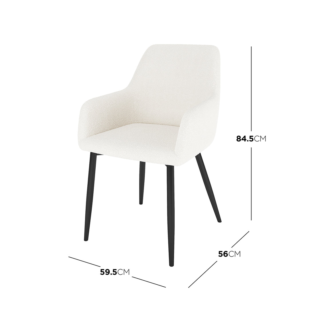 Raynie Boucle Dining Chair Set of 2 in Cream White, featuring a modern upholstered design with softly contoured seat and low armrests, supported by splayed black legs; dimensions visible as 84.5x59.5x56 cm.