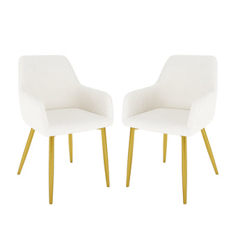 Raynie Dining Chairs with Gold Legs Set of 2 in Cream White; features curved, upholstered shells with integrated armrests, supported by slender gold-tone metal legs, offering a minimalist and elegant design.