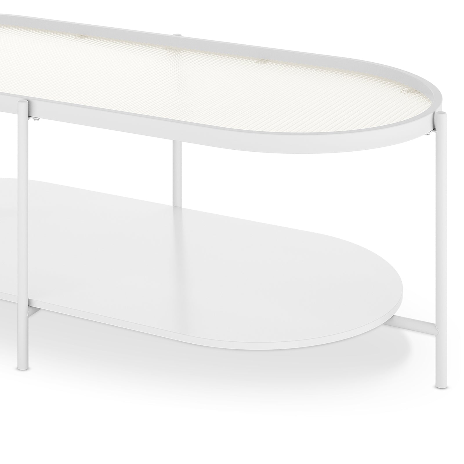 Rebecca Fluted Glass Coffee Table Set White features a modern design with a white cylindrical base and black top, showcasing fluted glass tabletops and a sturdy metal frame for stability.