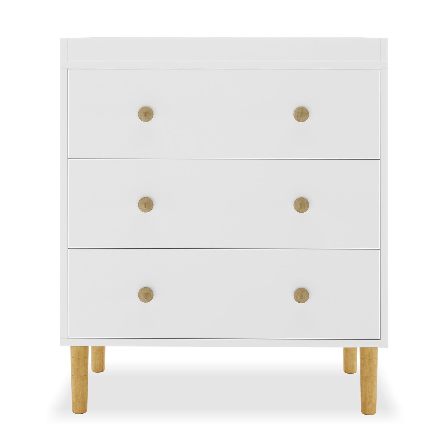 Reyhan Solid Pine 3-Drawer Baby Nursery Change Table features a sleek white design with wooden legs and handles, offering ample storage with three drawers, perfect for modern nursery needs.