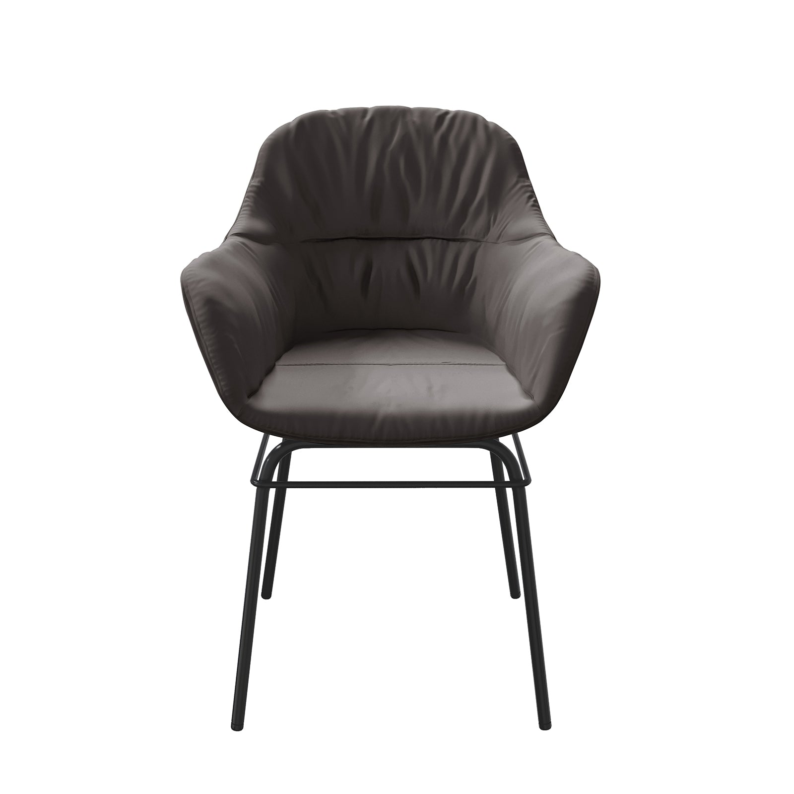 Rhea Suede Fabric Dining Chair Set of 2 in Black features plush suede upholstery, softly padded seat and backrest, integrated armrests, and slim black metal legs for a sleek, modern look.