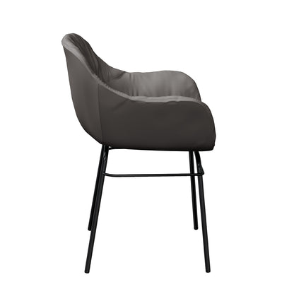 Rhea Suede Fabric Dining Chair Set of 2 in Black, featuring plush, padded bucket-style seats on sleek black metal legs with a footrest, ideal for modern dining spaces.