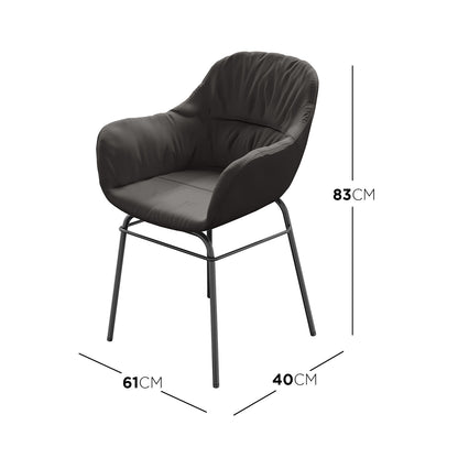 Rhea Suede Fabric Dining Chair Set of 2 in Black features modern padded design, dark fabric upholstery, and slim metal legs, dimensions overlay: height 83cm, width 61cm, seat depth 40cm.