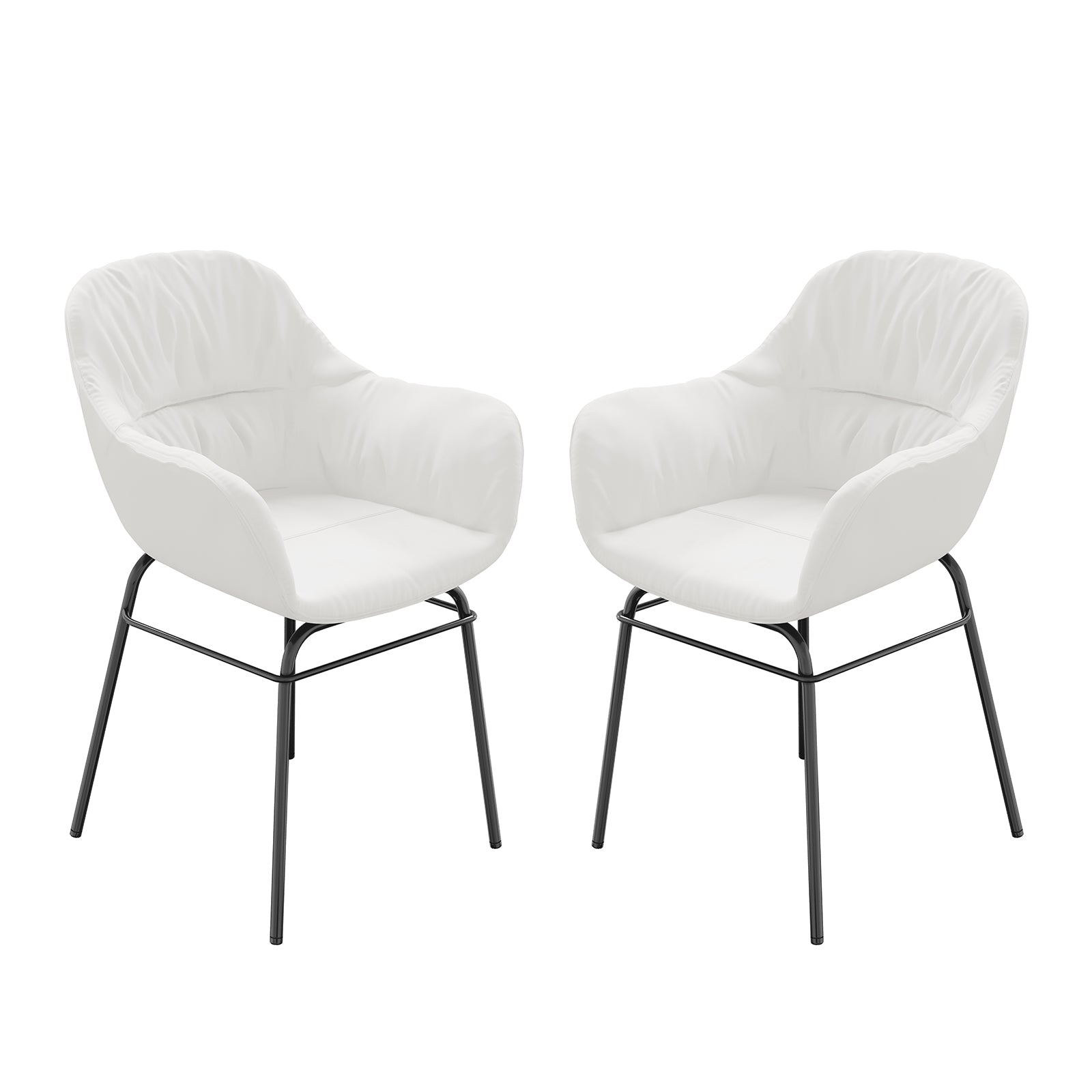 Rhea Suede Fabric Dining Chair Set of 2 in Cream White, featuring smooth bucket-style seats with black metal legs, exemplifies modern design and plush comfort for dining or lounge settings.