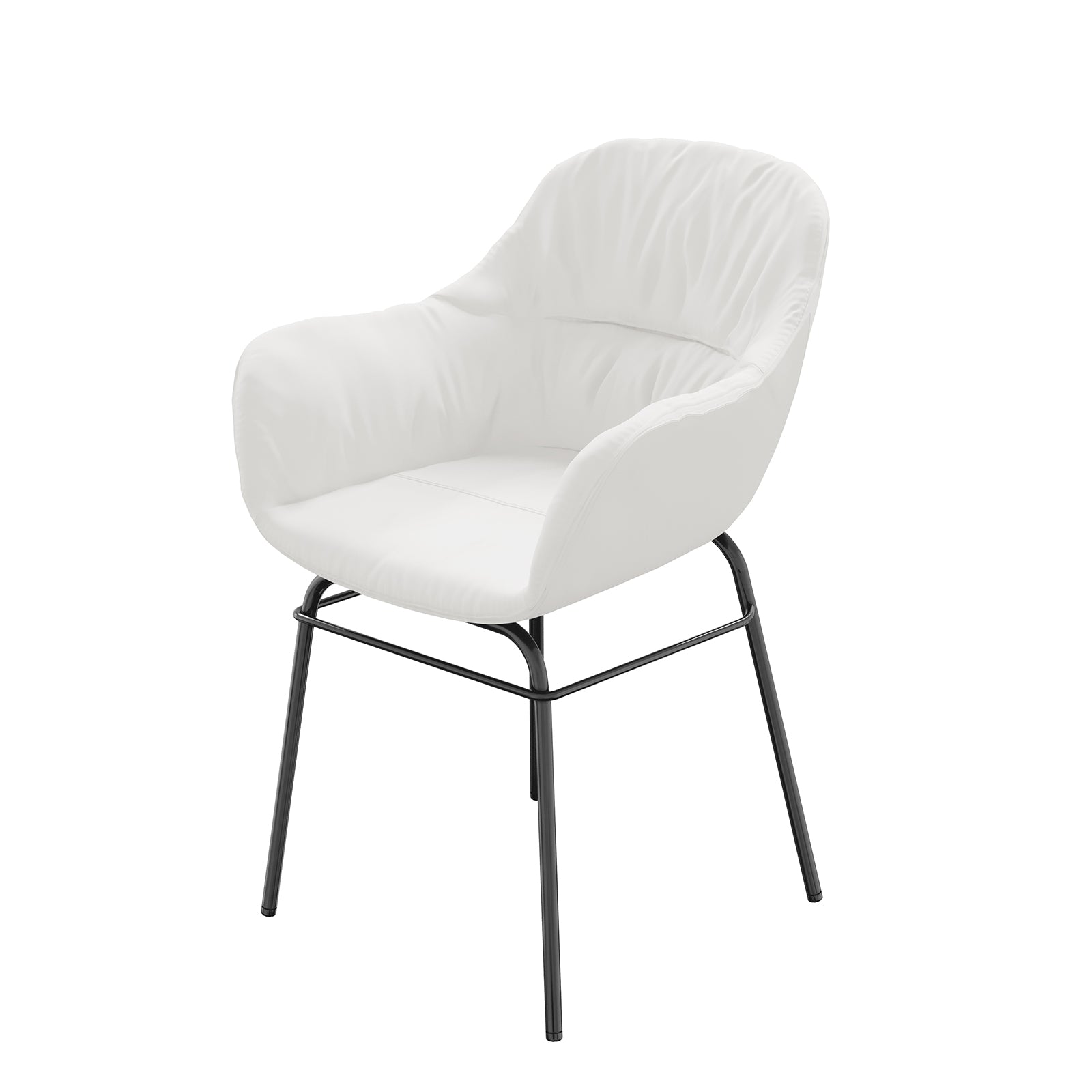 The Rhea Suede Fabric Dining Chair Set of 2 in Cream White features plush white upholstery, flared armrests, and slender black metal legs, offering modern elegance and comfort for dining spaces.