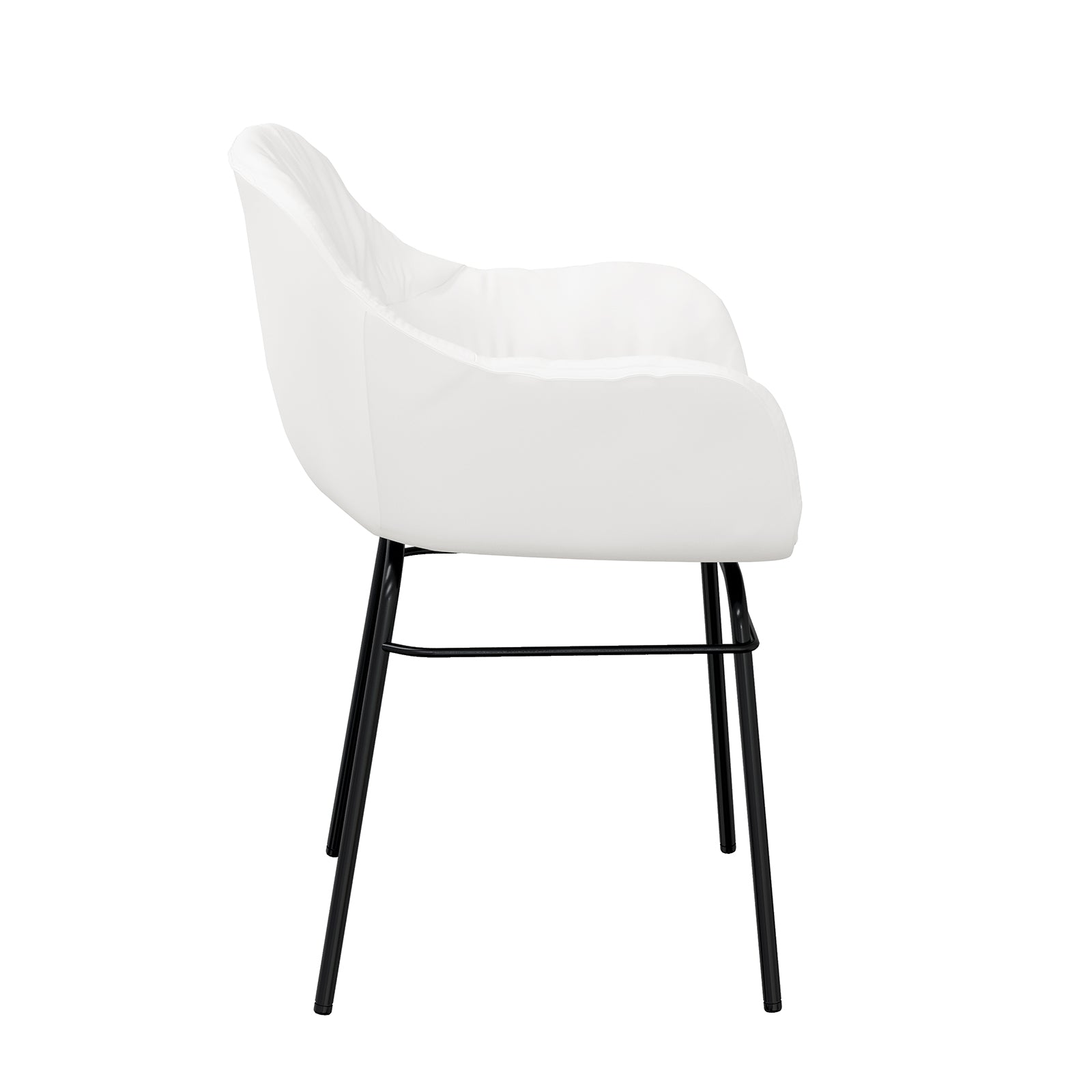 Rhea Suede Fabric Dining Chair Set of 2 in Cream White features softly cushioned white upholstered shell with slim black metal legs, showcasing a modern side-profile ideal for dining or accent use.